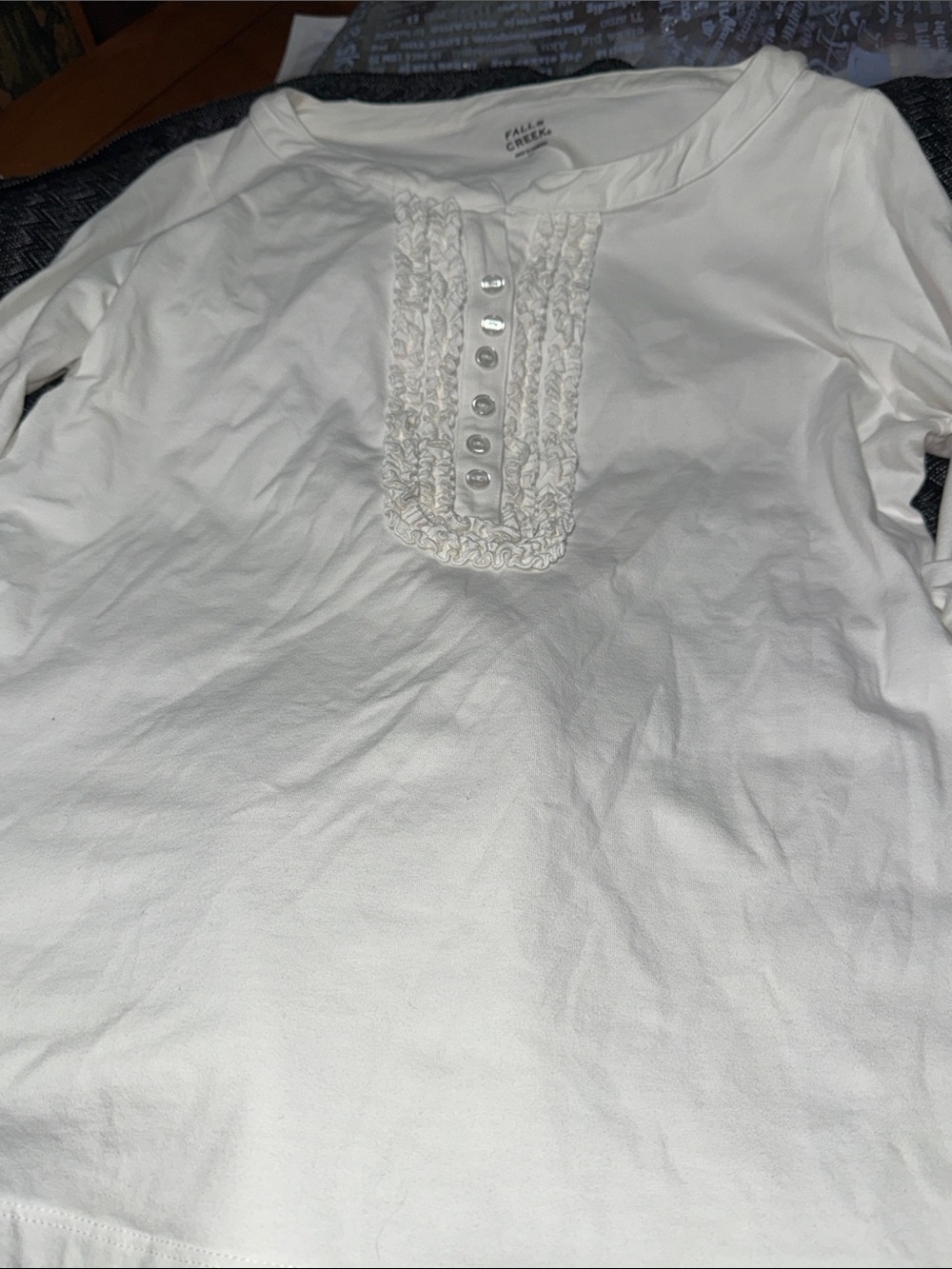 Falls Creek White Ruffle Placket Long Sleeve Tee